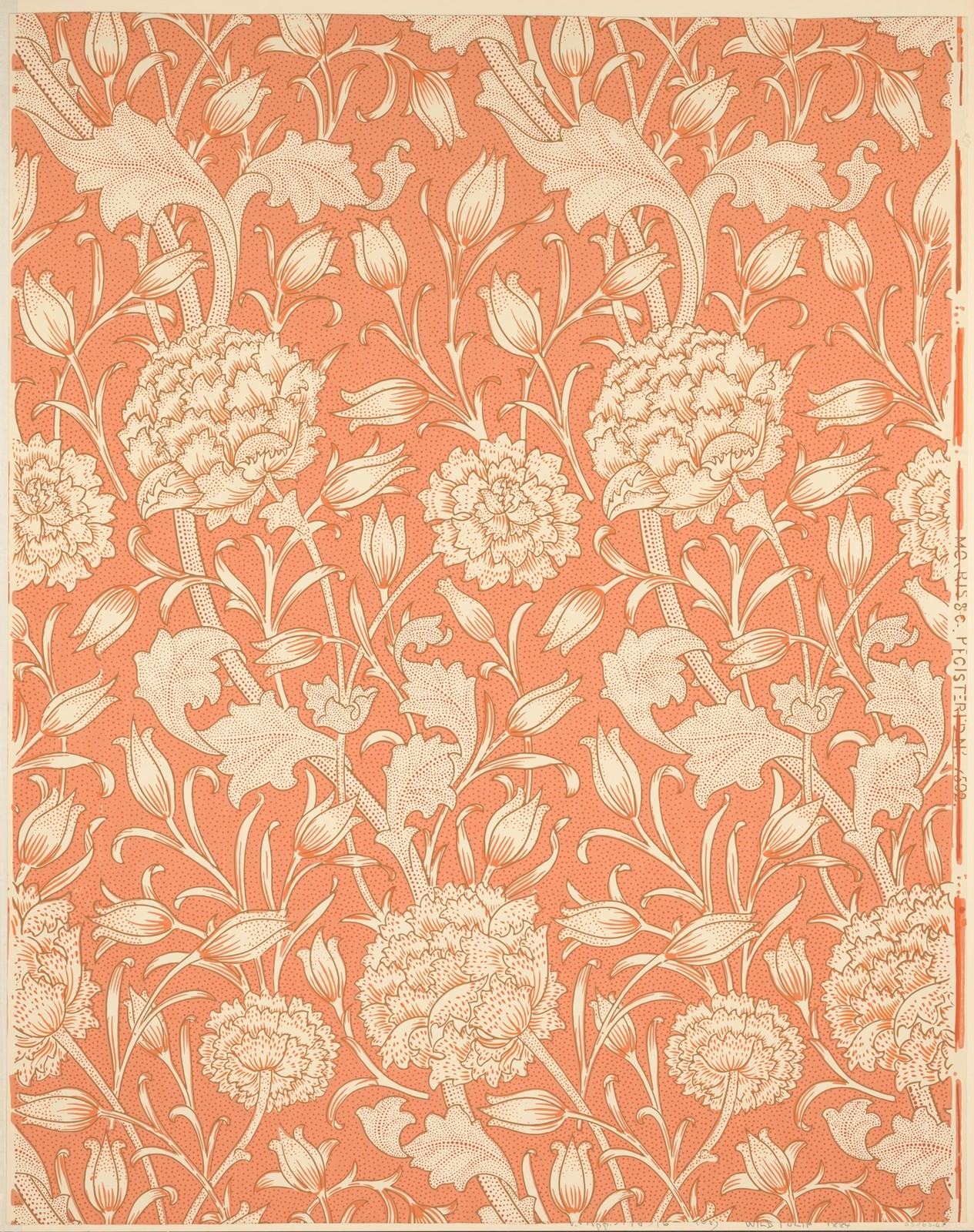 Cream flowers and curling leaves in a William Morris wallpaper design.