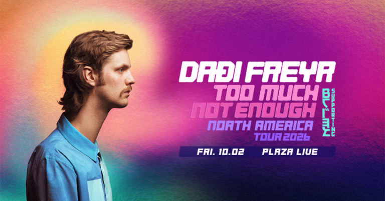 Daði Freyr in a blue jacket on pink and purple tour artwork for October 2 at The Plaza Live, with BRÍET.