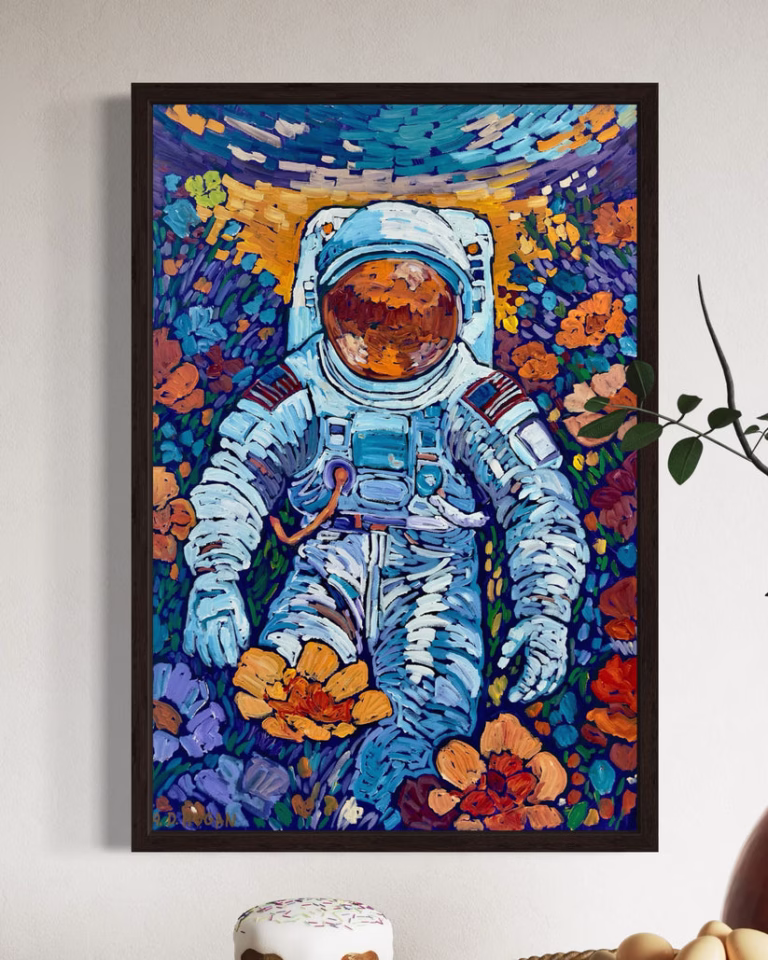 A.D. Hogan’s Alice painting, showing an astronaut seated among bright flowers