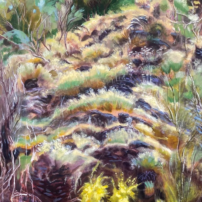 Painted trees and rocks on Swim Surreal’s In the Half Light cover.