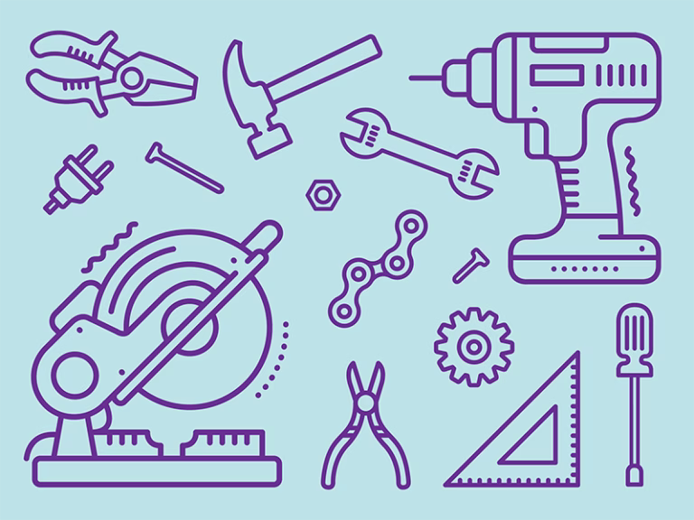 Brooklyn Public Library Tool Library illustration of repair tools in purple on turquoise.