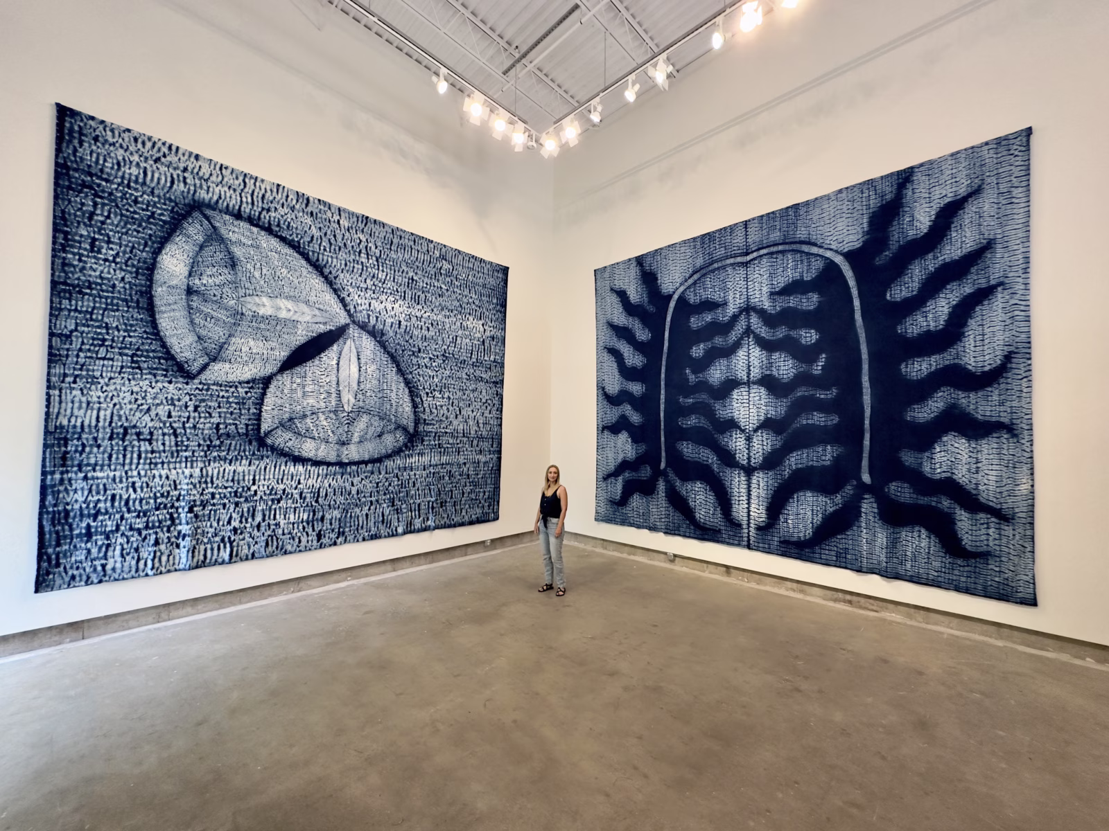 Davana Robedee standing between two monumental indigo textile installations