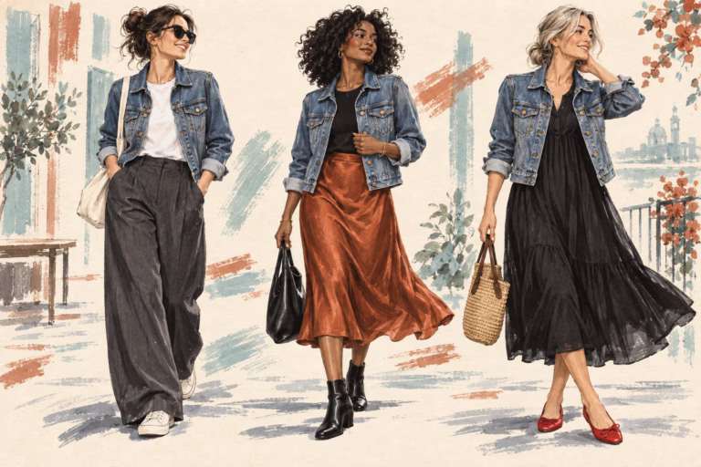 Fashion illustration of three denim-jacket outfits: loose trousers and trainers, a satin skirt and boots, and a black dress with red flats.
