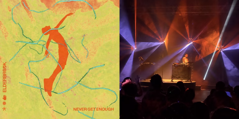 Never Get Enough release artwork beside Elderbrook performing under orange and violet lights at The Plaza Live in 2023.