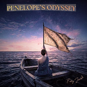Penelope’s Odyssey artwork showing a woman in a small sailboat beneath a starry sky.