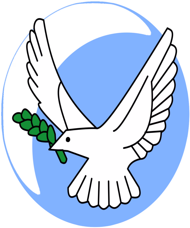 A white dove carrying an olive branch against a blue circle, an illustration symbolising peace