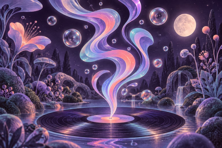 Luminous ribbons rise from a record in a moonlit imaginary garden.