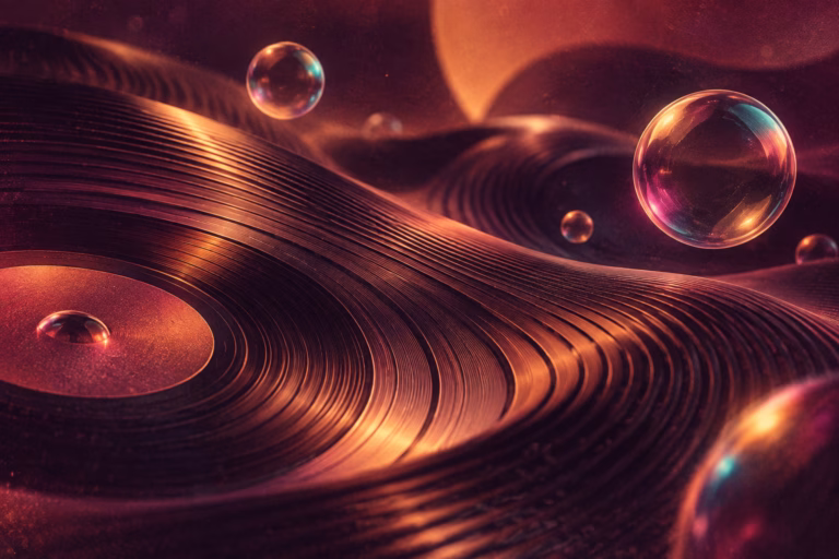 Amber record-like sound waves and floating glass bubbles on a plum background.