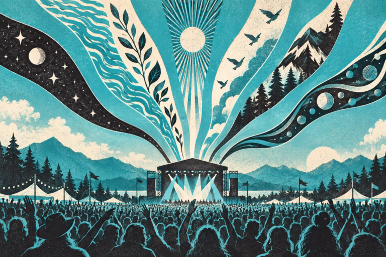 Original turquoise and cream illustration of flowing sound ribbons above an outdoor stage and crowd.