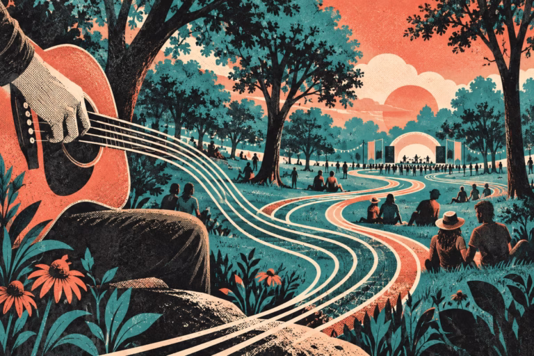 Original illustration of winding guitar-string paths through stylized park trees toward a small stage.