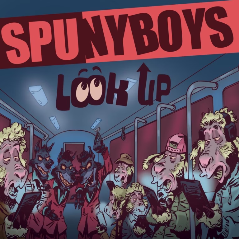 Official Spunyboys Look Up single artwork, illustrated passengers looking at phones.