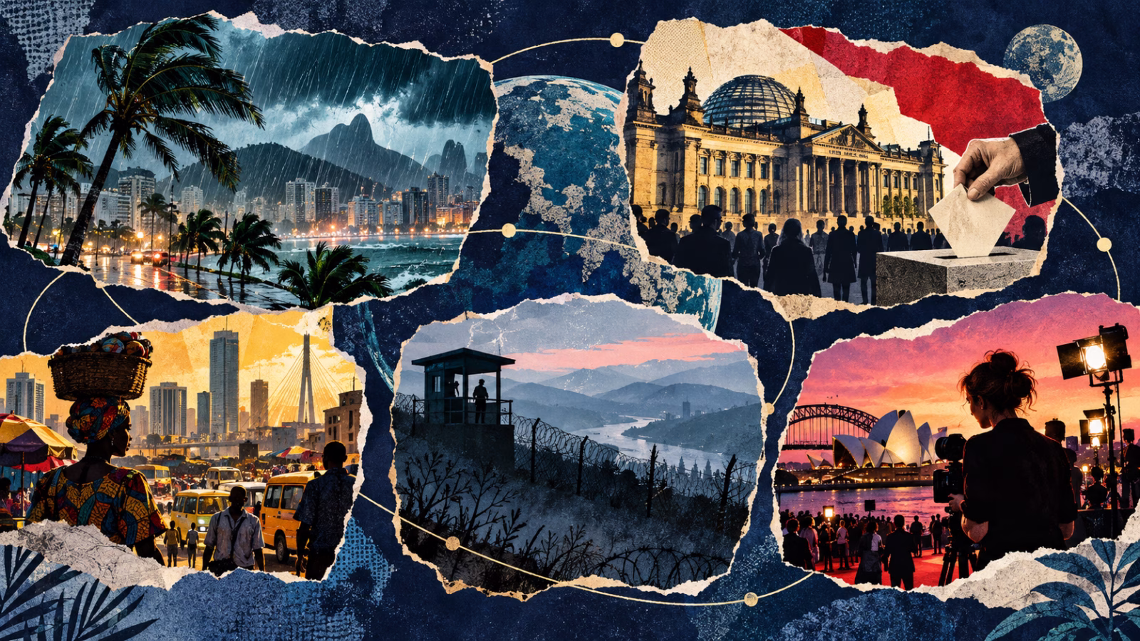 Mixed-media collage opening five windows onto current stories in Brazil, Germany, Nigeria, South Korea and Australia.