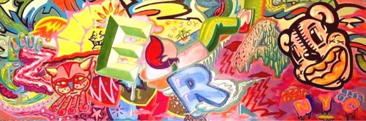 Colorful mixed-media artwork by ZERA with bold characters, symbols and lettering