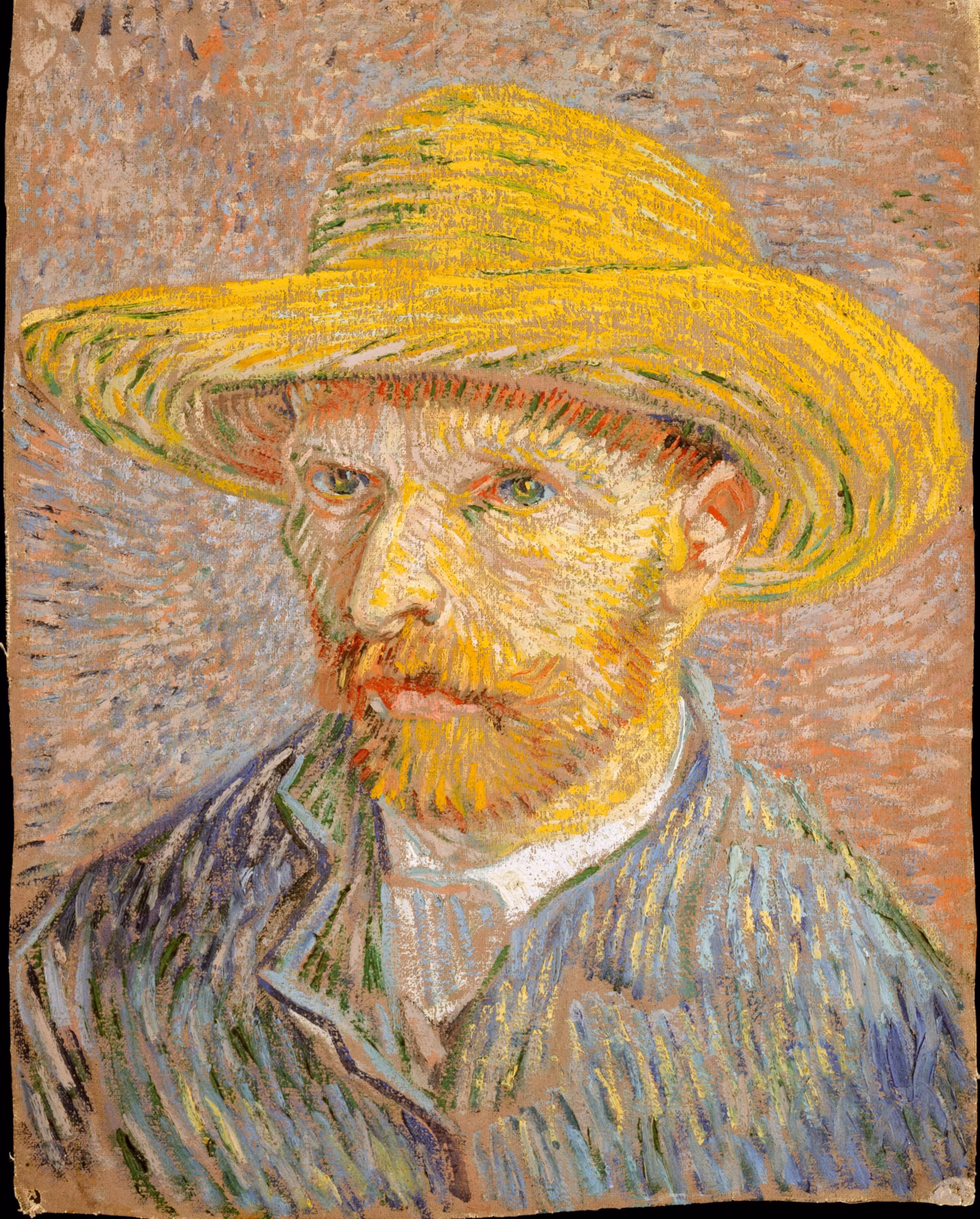 Vincent van Gogh self-portrait in a yellow straw hat, with an orange-red beard, a blue-green coat and short contrasting brushstrokes throughout.
