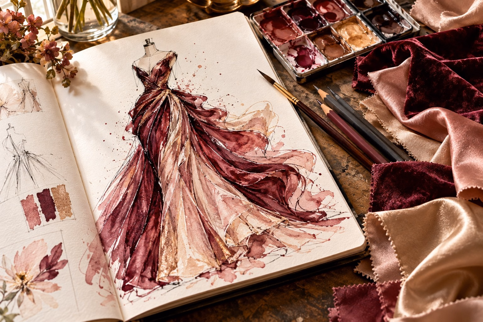 An original burgundy and champagne gown illustration in an open sketchbook, surrounded by watercolor paints, pencils and fabric swatches.