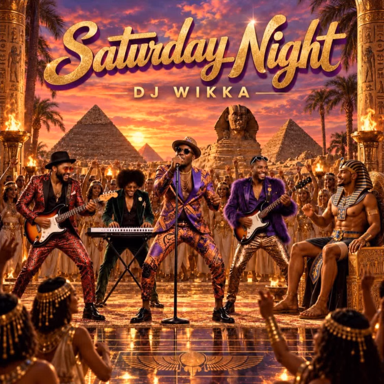 AI-generated Saturday Night cover with gold lettering above an imagined band, dancing crowd, pyramids and the Sphinx under an orange-purple sunset.