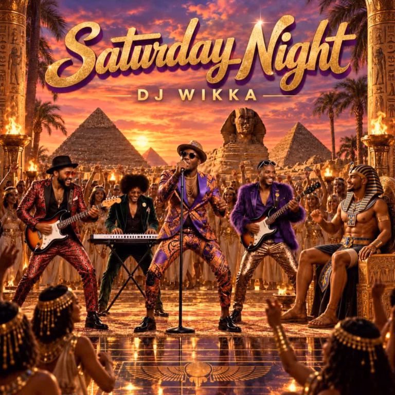 AI-generated Saturday Night cover with gold lettering above an imagined band, dancing crowd, pyramids and the Sphinx under an orange-purple sunset.