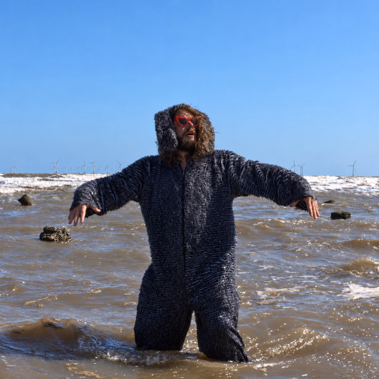 A figure in a shaggy dark costume and red heart-shaped sunglasses stands with arms outstretched in shallow seawater, beneath a blue sky with wind turbines on the horizon.