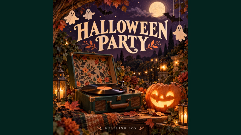 Halloween Party cover with a portable record player, jack-o-lantern, paper ghosts, autumn leaves and moonlight.