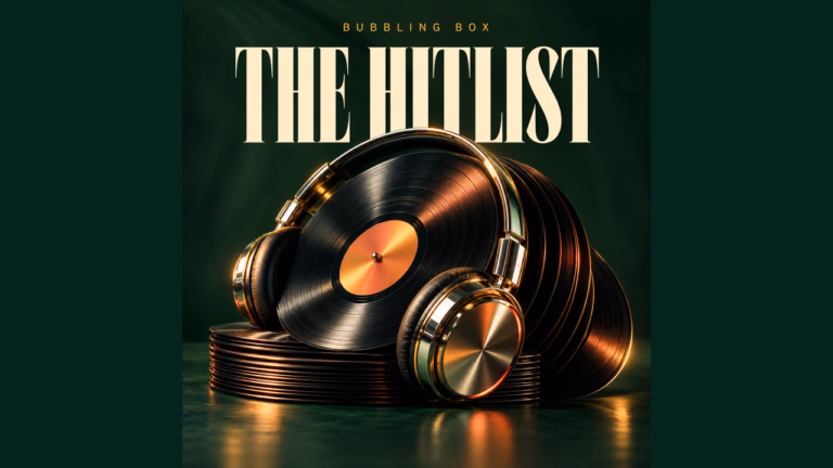 The Bubbling Box Hitlist cover with black vinyl records, gold headphones and cream lettering on deep green.