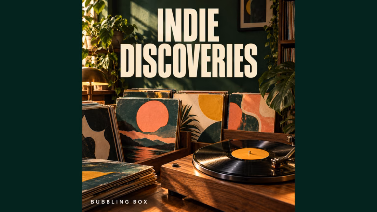 Indie Discoveries cover: vinyl records and a turntable in a warm green listening room, with Bubbling Box lettering.