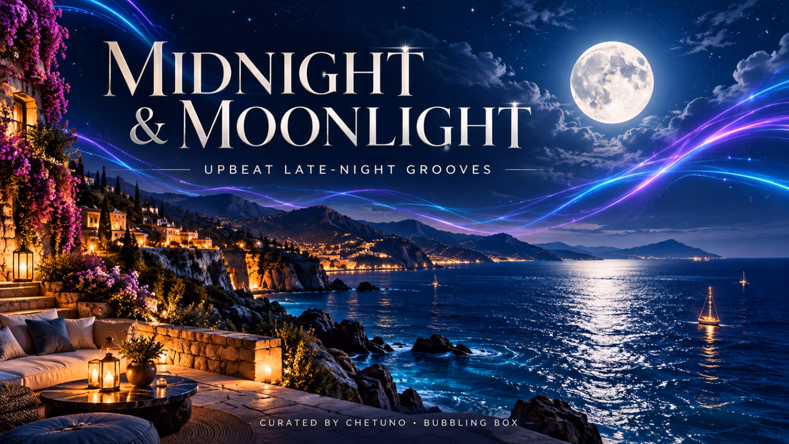 Midnight and Moonlight playlist cover showing a moonlit coastline, glowing town and colorful light trails.