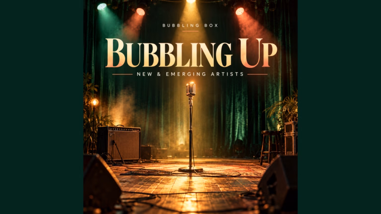 Bubbling Up playlist cover with a vintage microphone on a warmly lit stage, green curtains and gold lettering.